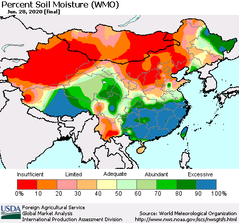 China, Mongolia and Taiwan Percent Soil Moisture (WMO) Thematic Map For 6/22/2020 - 6/28/2020