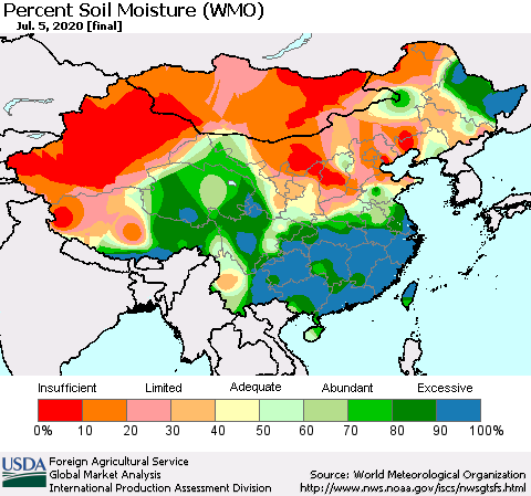 China, Mongolia and Taiwan Percent Soil Moisture (WMO) Thematic Map For 6/29/2020 - 7/5/2020