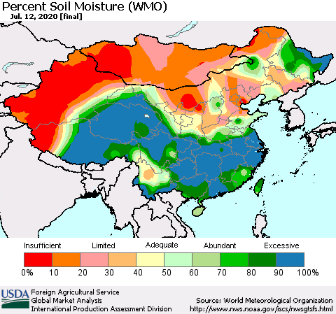 China, Mongolia and Taiwan Percent Soil Moisture (WMO) Thematic Map For 7/6/2020 - 7/12/2020