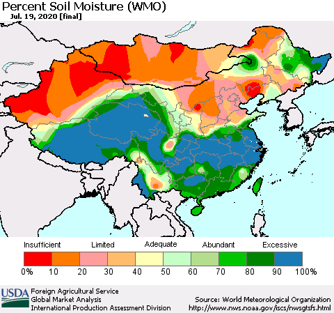 China, Mongolia and Taiwan Percent Soil Moisture (WMO) Thematic Map For 7/13/2020 - 7/19/2020