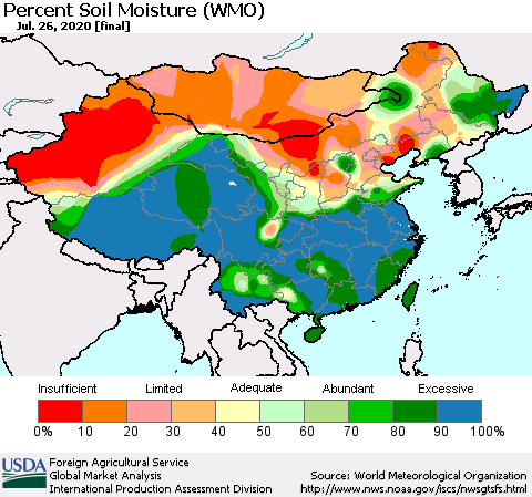China, Mongolia and Taiwan Percent Soil Moisture (WMO) Thematic Map For 7/20/2020 - 7/26/2020
