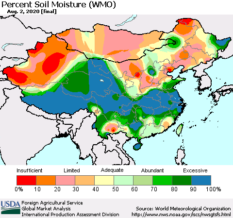 China, Mongolia and Taiwan Percent Soil Moisture (WMO) Thematic Map For 7/27/2020 - 8/2/2020