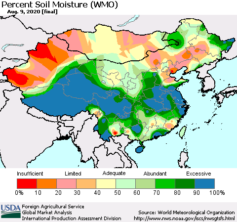 China, Mongolia and Taiwan Percent Soil Moisture (WMO) Thematic Map For 8/3/2020 - 8/9/2020