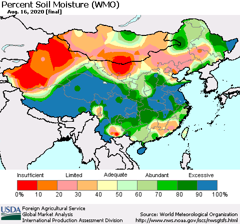 China, Mongolia and Taiwan Percent Soil Moisture (WMO) Thematic Map For 8/10/2020 - 8/16/2020