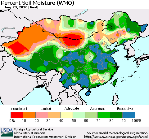 China, Mongolia and Taiwan Percent Soil Moisture (WMO) Thematic Map For 8/17/2020 - 8/23/2020