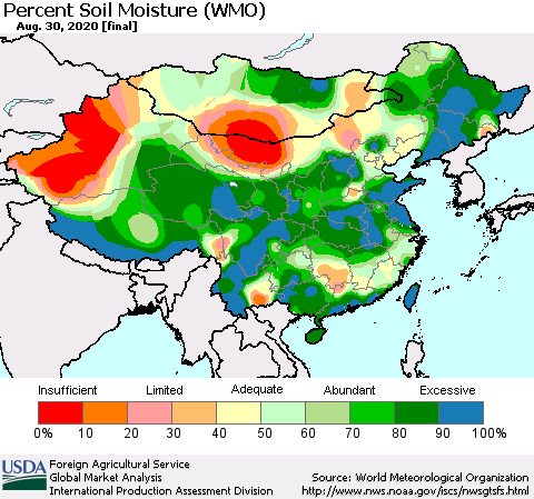 China, Mongolia and Taiwan Percent Soil Moisture (WMO) Thematic Map For 8/24/2020 - 8/30/2020