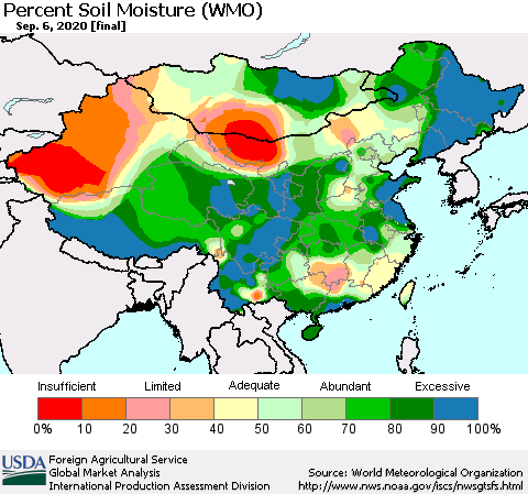 China, Mongolia and Taiwan Percent Soil Moisture (WMO) Thematic Map For 8/31/2020 - 9/6/2020
