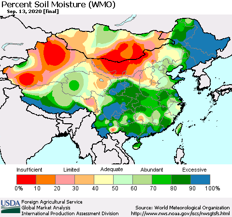 China, Mongolia and Taiwan Percent Soil Moisture (WMO) Thematic Map For 9/7/2020 - 9/13/2020