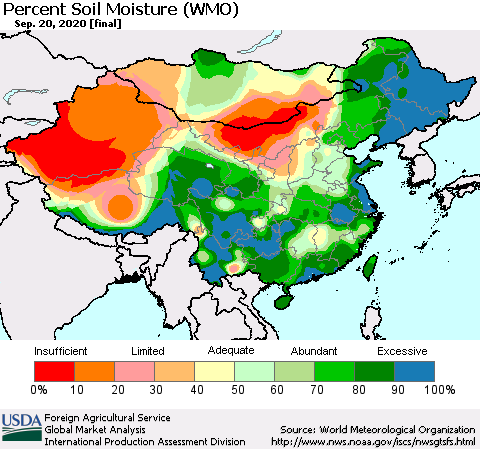 China, Mongolia and Taiwan Percent Soil Moisture (WMO) Thematic Map For 9/14/2020 - 9/20/2020