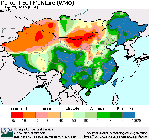 China, Mongolia and Taiwan Percent Soil Moisture (WMO) Thematic Map For 9/21/2020 - 9/27/2020