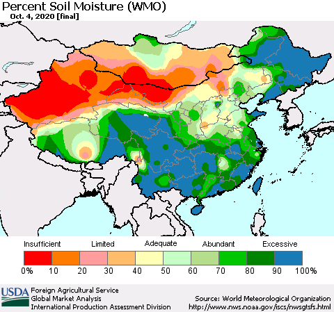 China, Mongolia and Taiwan Percent Soil Moisture (WMO) Thematic Map For 9/28/2020 - 10/4/2020