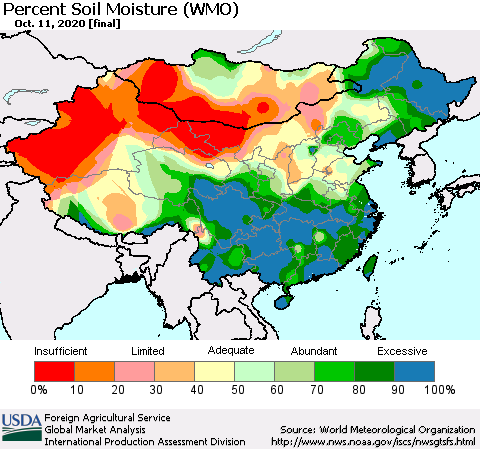 China, Mongolia and Taiwan Percent Soil Moisture (WMO) Thematic Map For 10/5/2020 - 10/11/2020