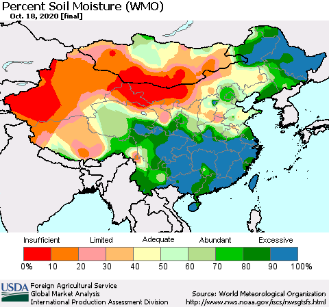 China, Mongolia and Taiwan Percent Soil Moisture (WMO) Thematic Map For 10/12/2020 - 10/18/2020
