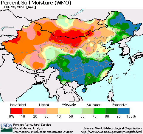 China, Mongolia and Taiwan Percent Soil Moisture (WMO) Thematic Map For 10/19/2020 - 10/25/2020