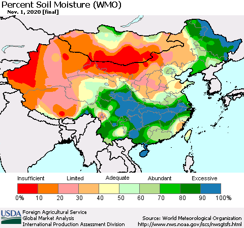 China, Mongolia and Taiwan Percent Soil Moisture (WMO) Thematic Map For 10/26/2020 - 11/1/2020