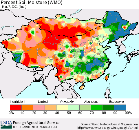 China, Mongolia and Taiwan Percent Soil Moisture (WMO) Thematic Map For 3/1/2021 - 3/7/2021