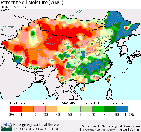 China, Mongolia and Taiwan Percent Soil Moisture (WMO) Thematic Map For 3/8/2021 - 3/14/2021