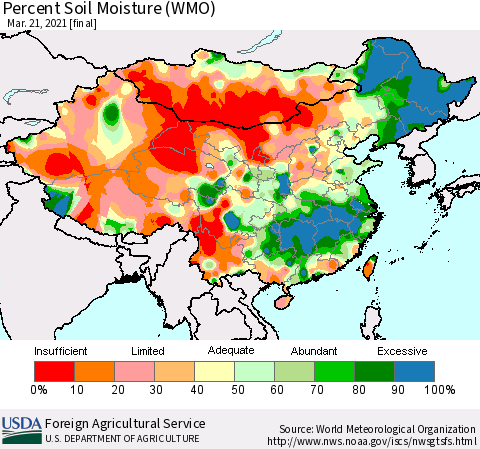 China, Mongolia and Taiwan Percent Soil Moisture (WMO) Thematic Map For 3/15/2021 - 3/21/2021