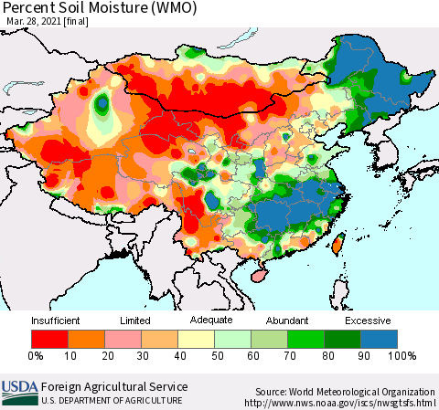China, Mongolia and Taiwan Percent Soil Moisture (WMO) Thematic Map For 3/22/2021 - 3/28/2021