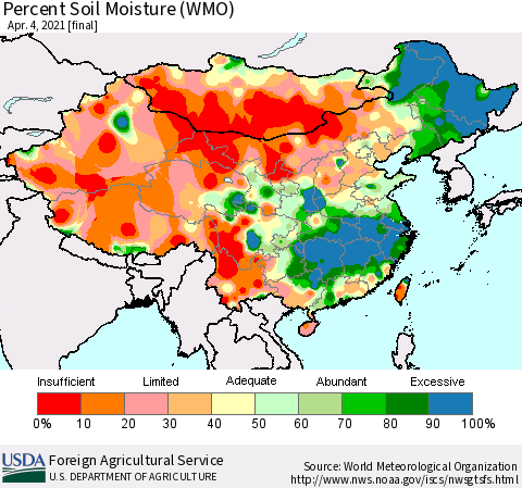 China, Mongolia and Taiwan Percent Soil Moisture (WMO) Thematic Map For 3/29/2021 - 4/4/2021