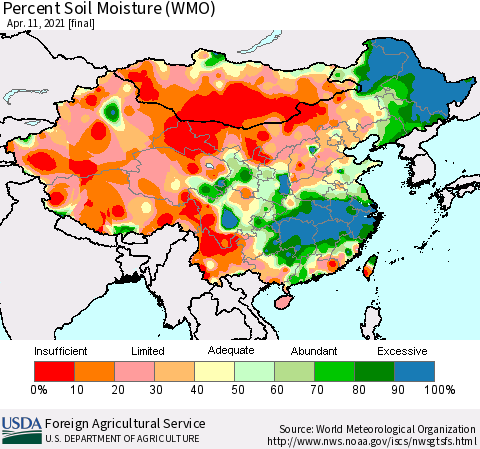 China, Mongolia and Taiwan Percent Soil Moisture (WMO) Thematic Map For 4/5/2021 - 4/11/2021