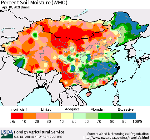 China, Mongolia and Taiwan Percent Soil Moisture (WMO) Thematic Map For 4/12/2021 - 4/18/2021