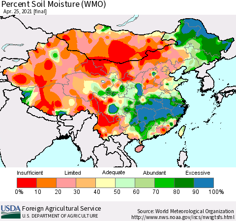 China, Mongolia and Taiwan Percent Soil Moisture (WMO) Thematic Map For 4/19/2021 - 4/25/2021