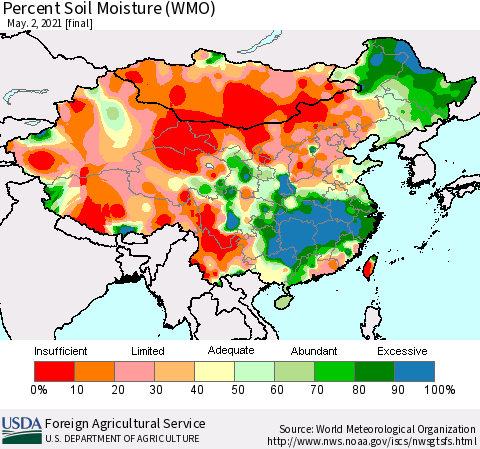 China, Mongolia and Taiwan Percent Soil Moisture (WMO) Thematic Map For 4/26/2021 - 5/2/2021