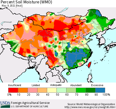 China, Mongolia and Taiwan Percent Soil Moisture (WMO) Thematic Map For 5/3/2021 - 5/9/2021