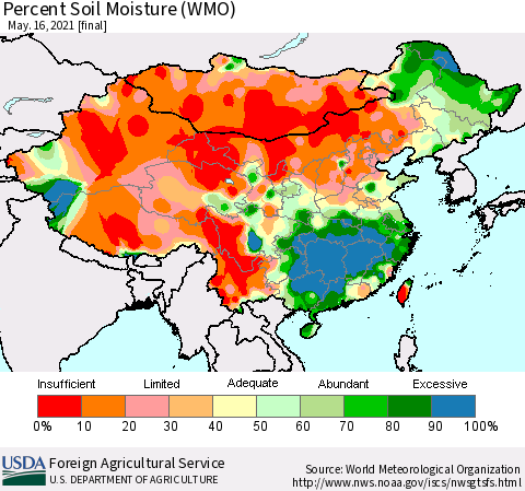 China, Mongolia and Taiwan Percent Soil Moisture (WMO) Thematic Map For 5/10/2021 - 5/16/2021