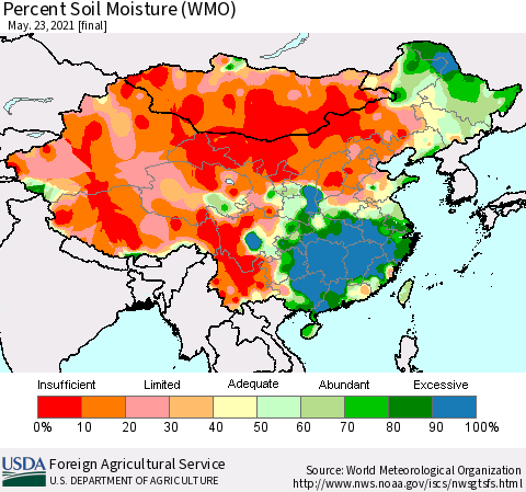 China, Mongolia and Taiwan Percent Soil Moisture (WMO) Thematic Map For 5/17/2021 - 5/23/2021