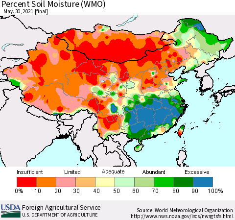 China, Mongolia and Taiwan Percent Soil Moisture (WMO) Thematic Map For 5/24/2021 - 5/30/2021