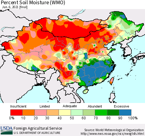 China, Mongolia and Taiwan Percent Soil Moisture (WMO) Thematic Map For 5/31/2021 - 6/6/2021