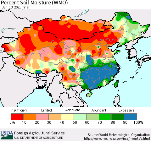 China, Mongolia and Taiwan Percent Soil Moisture (WMO) Thematic Map For 6/7/2021 - 6/13/2021