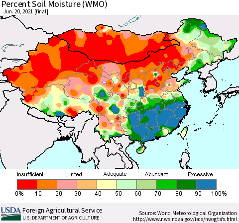 China, Mongolia and Taiwan Percent Soil Moisture (WMO) Thematic Map For 6/14/2021 - 6/20/2021