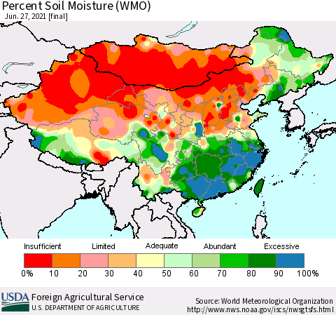 China, Mongolia and Taiwan Percent Soil Moisture (WMO) Thematic Map For 6/21/2021 - 6/27/2021