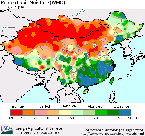 China, Mongolia and Taiwan Percent Soil Moisture (WMO) Thematic Map For 6/28/2021 - 7/4/2021