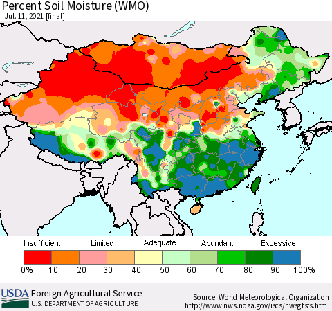 China, Mongolia and Taiwan Percent Soil Moisture (WMO) Thematic Map For 7/5/2021 - 7/11/2021