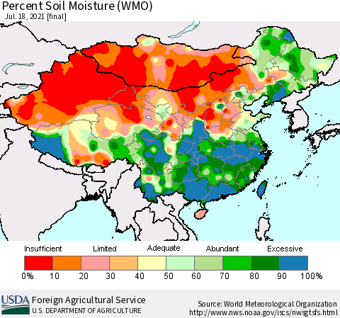 China, Mongolia and Taiwan Percent Soil Moisture (WMO) Thematic Map For 7/12/2021 - 7/18/2021