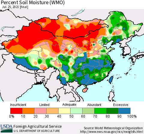 China, Mongolia and Taiwan Percent Soil Moisture (WMO) Thematic Map For 7/19/2021 - 7/25/2021