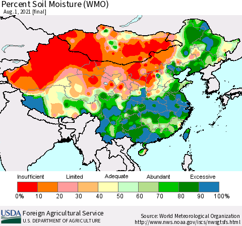 China, Mongolia and Taiwan Percent Soil Moisture (WMO) Thematic Map For 7/26/2021 - 8/1/2021