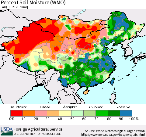China, Mongolia and Taiwan Percent Soil Moisture (WMO) Thematic Map For 8/2/2021 - 8/8/2021