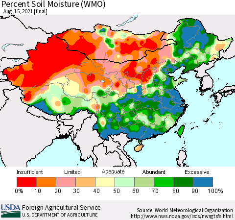 China, Mongolia and Taiwan Percent Soil Moisture (WMO) Thematic Map For 8/9/2021 - 8/15/2021