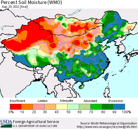 China, Mongolia and Taiwan Percent Soil Moisture (WMO) Thematic Map For 8/23/2021 - 8/29/2021