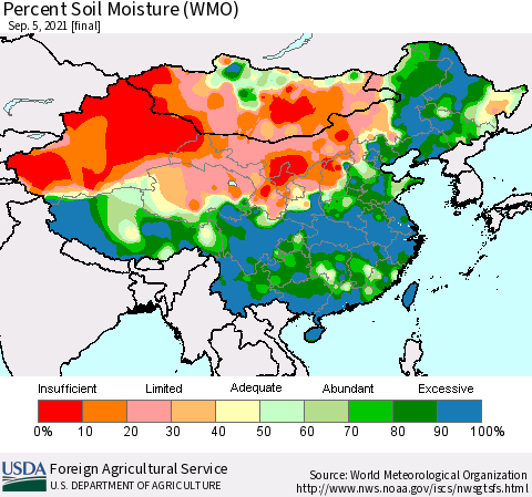 China, Mongolia and Taiwan Percent Soil Moisture (WMO) Thematic Map For 8/30/2021 - 9/5/2021