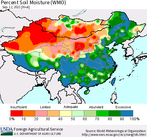 China, Mongolia and Taiwan Percent Soil Moisture (WMO) Thematic Map For 9/6/2021 - 9/12/2021