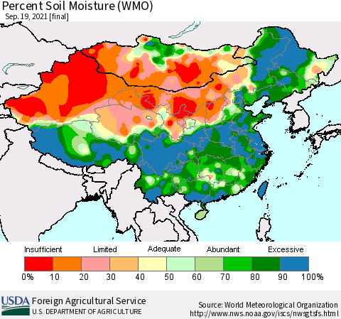 China, Mongolia and Taiwan Percent Soil Moisture (WMO) Thematic Map For 9/13/2021 - 9/19/2021