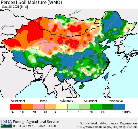 China, Mongolia and Taiwan Percent Soil Moisture (WMO) Thematic Map For 9/20/2021 - 9/26/2021