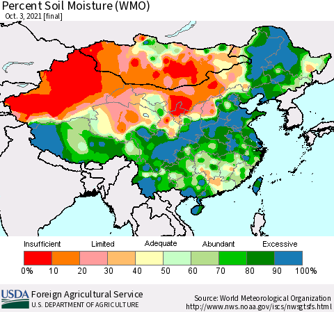 China, Mongolia and Taiwan Percent Soil Moisture (WMO) Thematic Map For 9/27/2021 - 10/3/2021