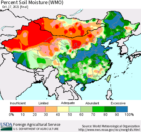 China, Mongolia and Taiwan Percent Soil Moisture (WMO) Thematic Map For 10/11/2021 - 10/17/2021